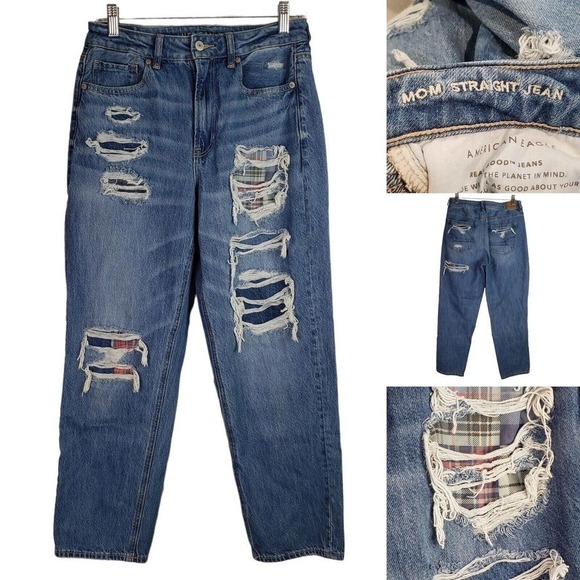 American Eagle Plus Size 8 High Rise Mom Jeans Distressed Ripped Ankle Patch - Picture 1 of 11